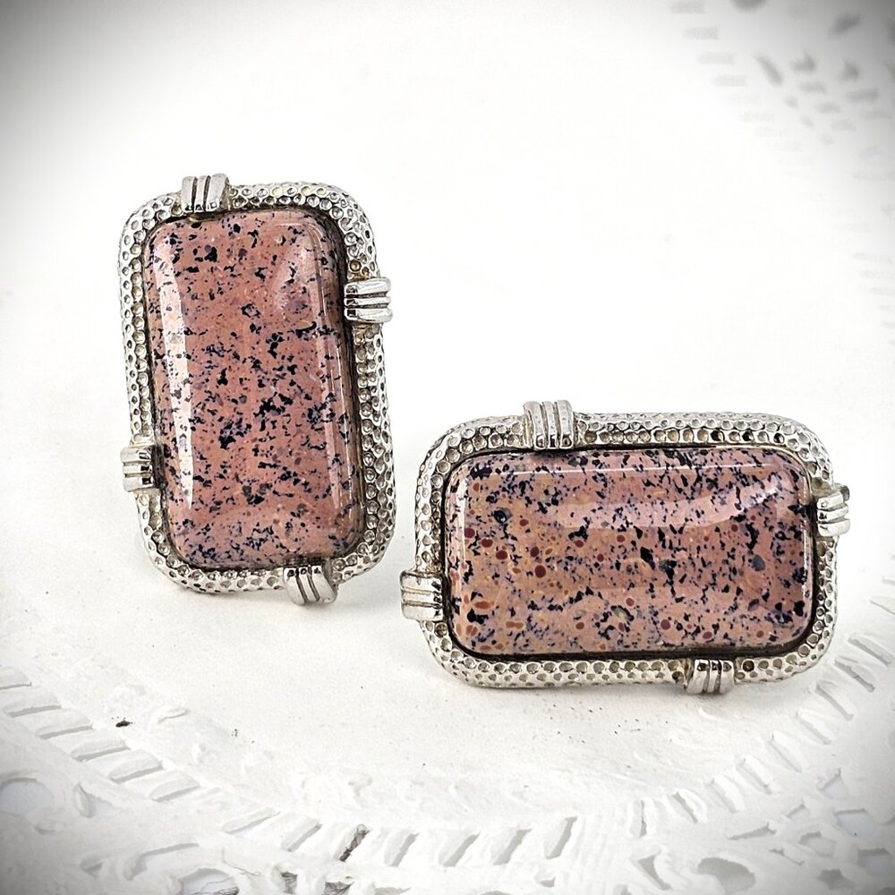 Vintage MCM 50s Big Pink Black Art Glass Cabochon Silver Tone Cufflinks - Picture 2 of 5